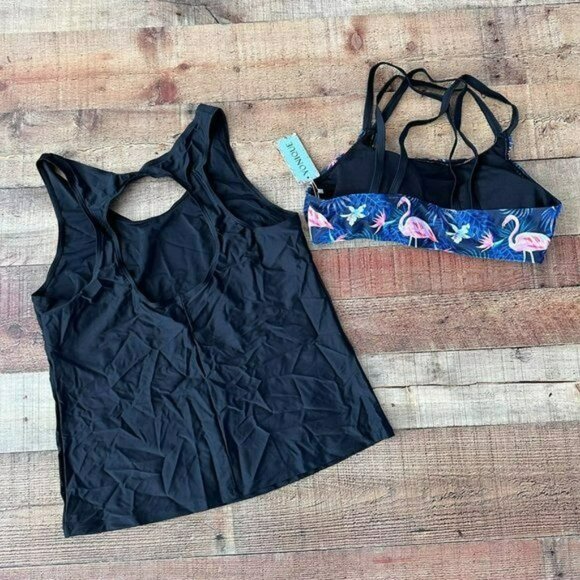 Yonique Black and blue flamingo print 3 piece swim suit top shorts bra L - Picture 9 of 9